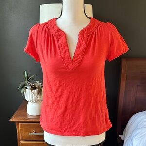 Boden Red V Neck Short Sleeve T shirt Top with Crochet type trim - Size 4